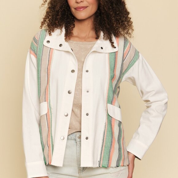 MYSTREE White Button Front Utility Jacket Lightweight Cotton Shacket with Pocket - Picture 3 of 7